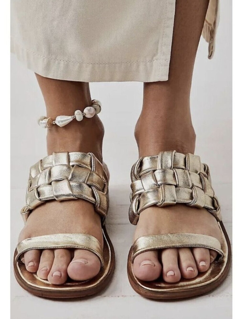 Free People Woven River Metallic Slide Sandals in Gold